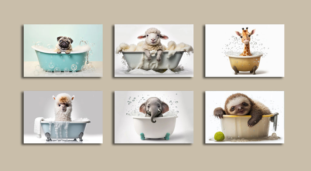Pine Stretched  Framed 6 Panels - Kids Room - Cute Animals in Bath