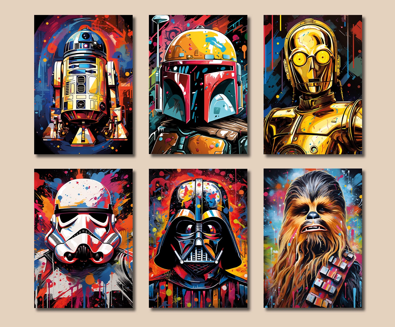Pine Stretched  Framed 6 Panels - Kids Room - Set of Star Wars Graffiti Art