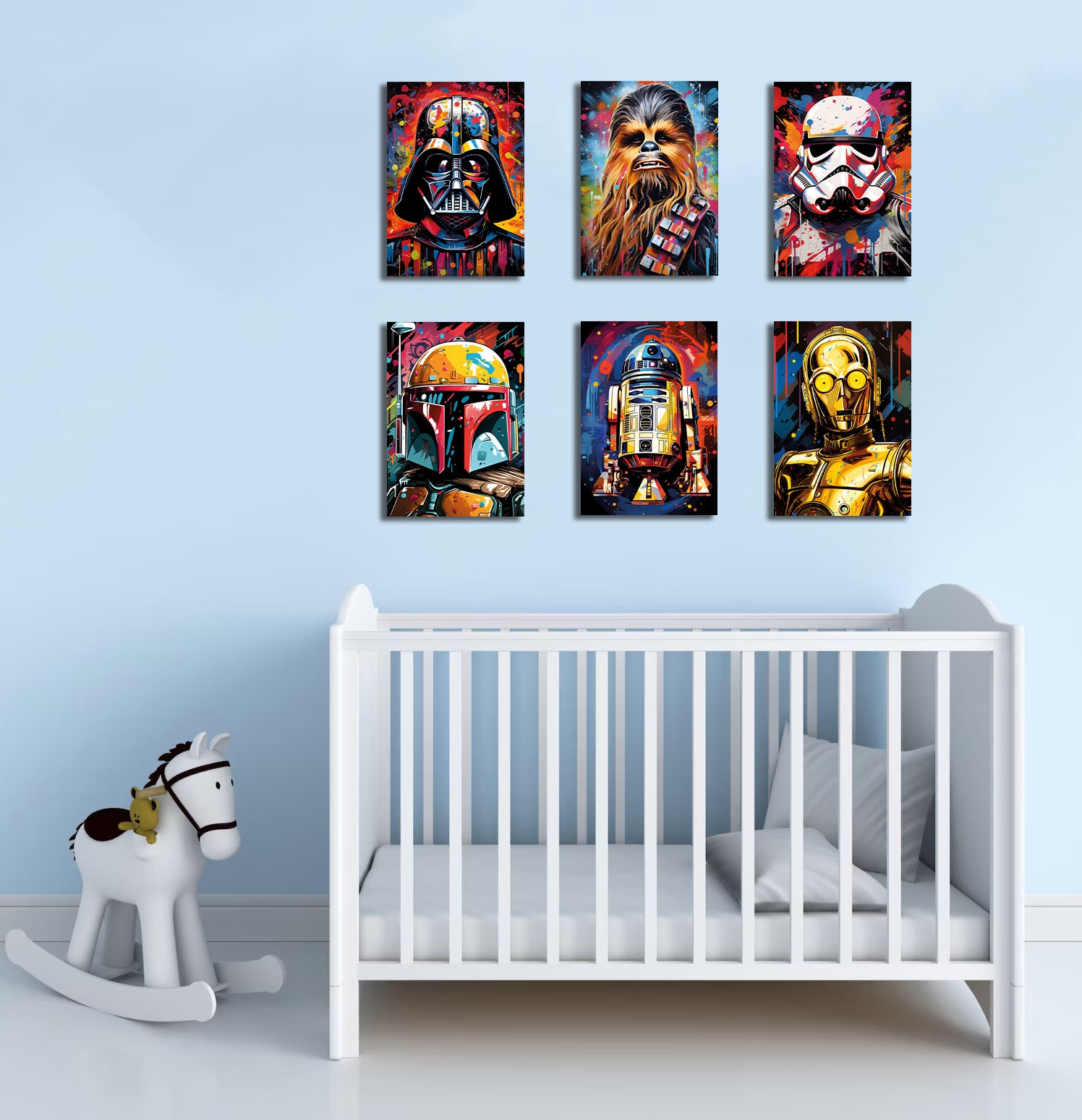 Pine Stretched  Framed 6 Panels - Kids Room - Set of Star Wars Graffiti Art