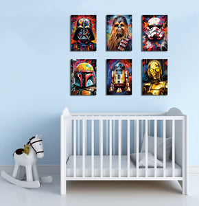 Pine Stretched  Framed 6 Panels - Kids Room - Set of Star Wars Graffiti Art