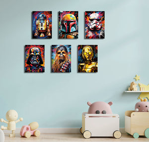Pine Stretched  Framed 6 Panels - Kids Room - Set of Star Wars Graffiti Art