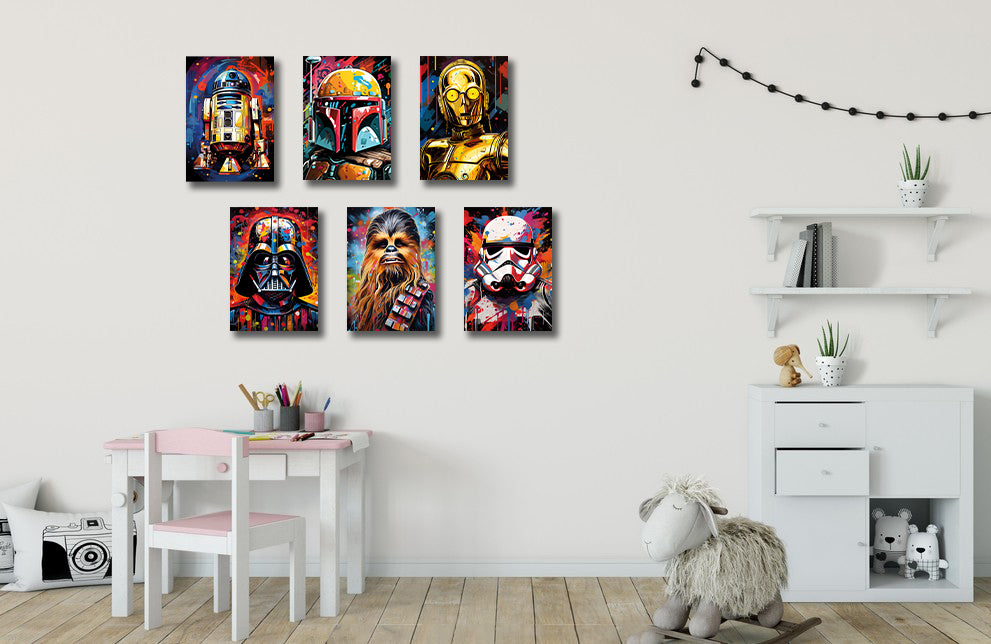 Pine Stretched  Framed 6 Panels - Kids Room - Set of Star Wars Graffiti Art