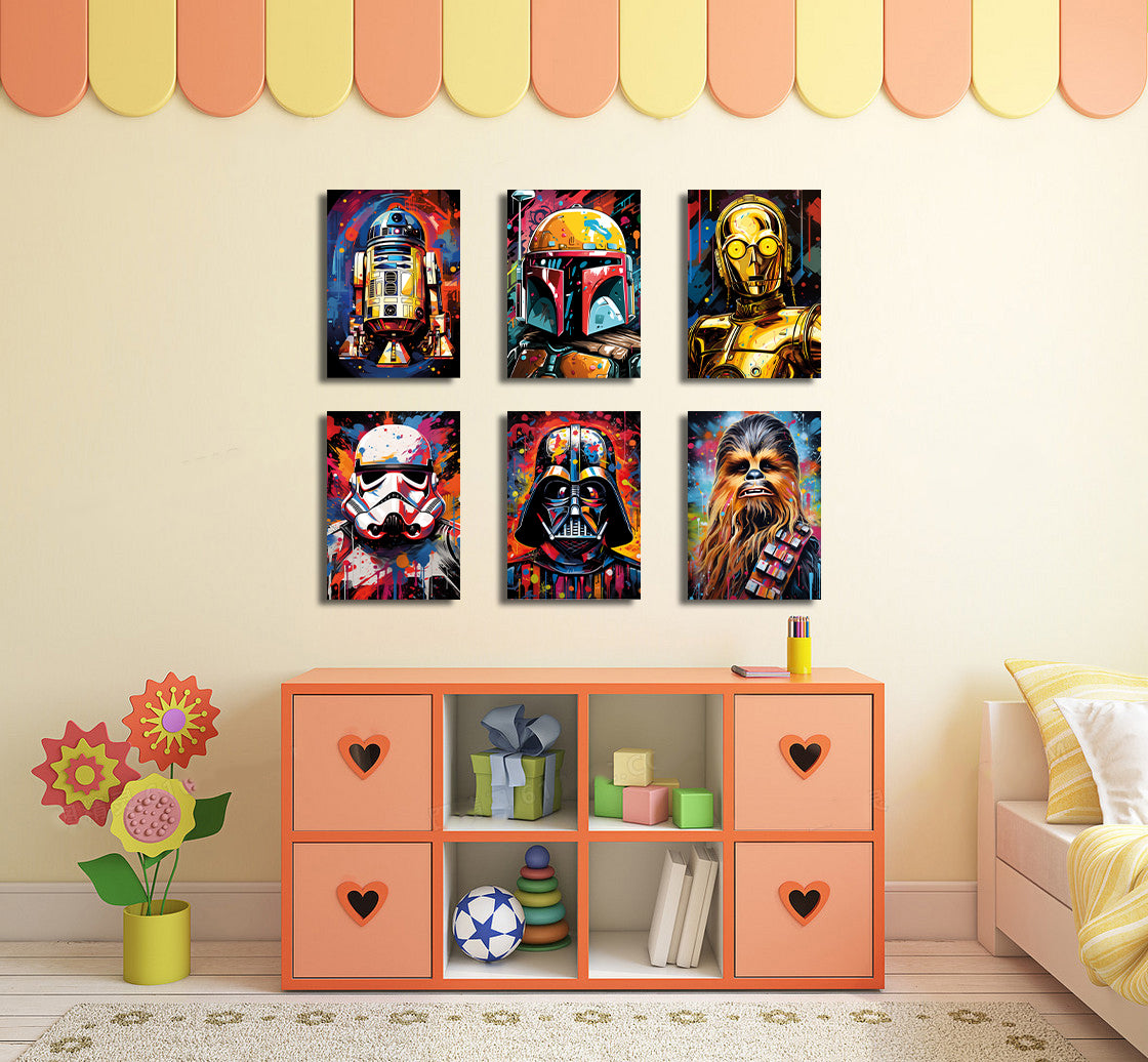Pine Stretched  Framed 6 Panels - Kids Room - Set of Star Wars Graffiti Art