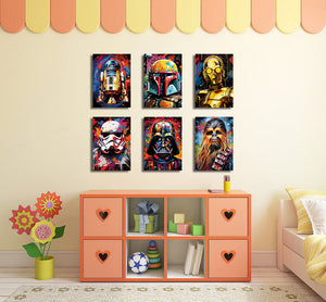 Pine Stretched  Framed 6 Panels - Kids Room - Set of Star Wars Graffiti Art