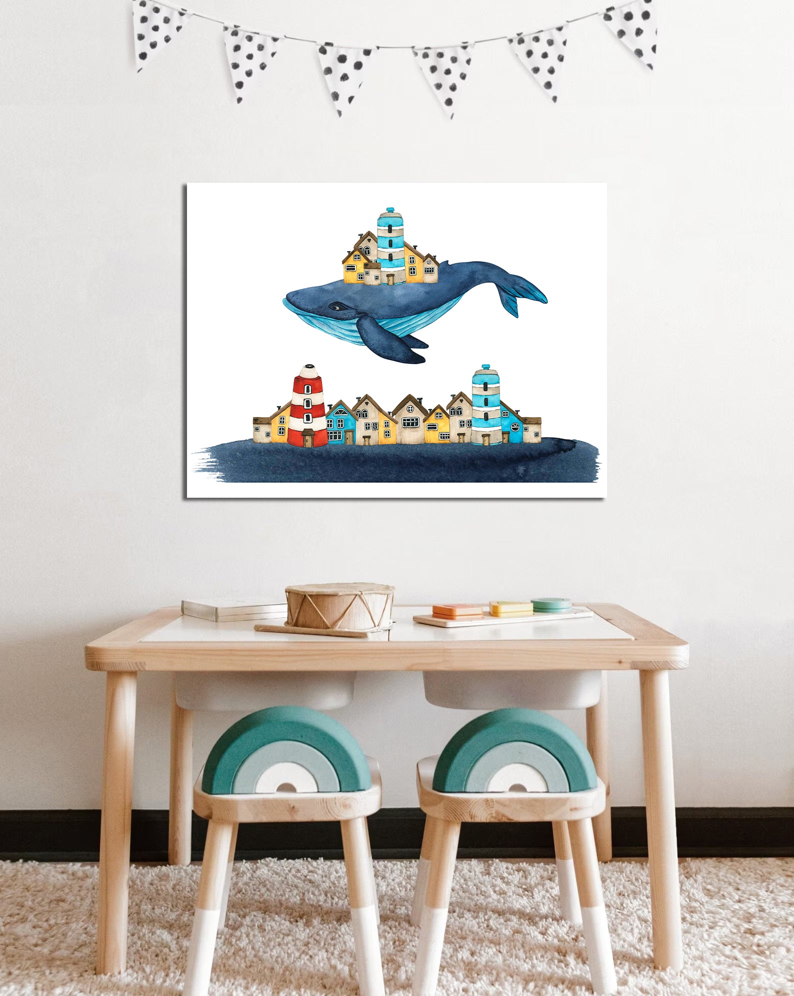 Pine Stretched  Framed 1 Panel - Kids Room - Whale