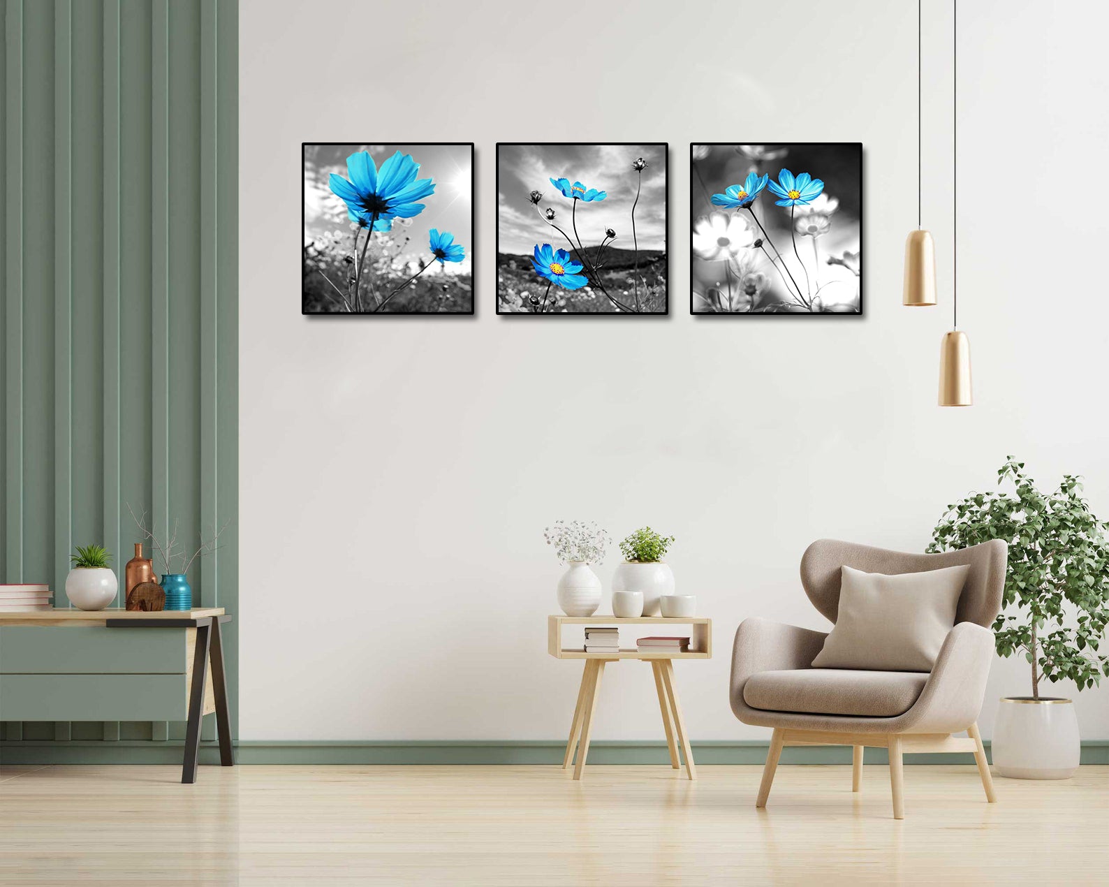 Modern Botanical Canvas Wall Art Print Poster | Home Decor | Stretched 3 Panels - Blue Flora