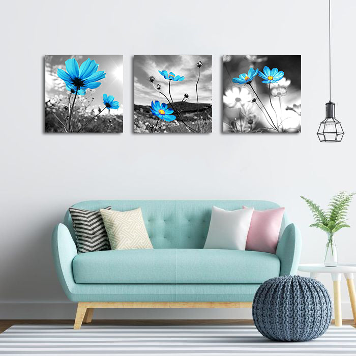 Modern Botanical Canvas Wall Art Print Poster | Home Decor | Stretched 3 Panels - Blue Flora