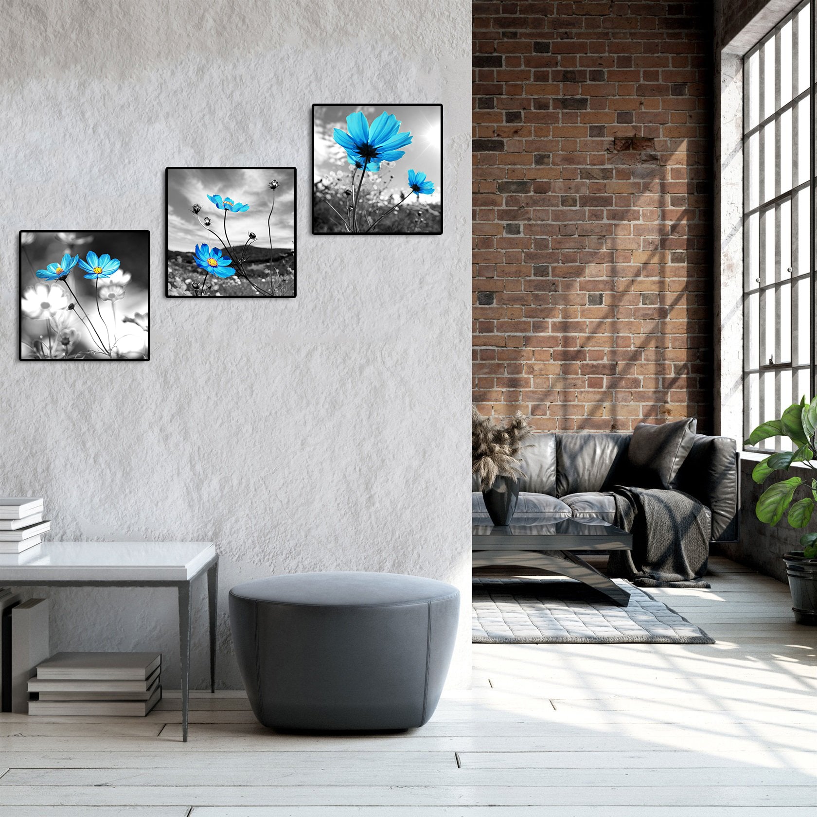 Modern Botanical Canvas Wall Art Print Poster | Home Decor | Stretched 3 Panels - Blue Flora