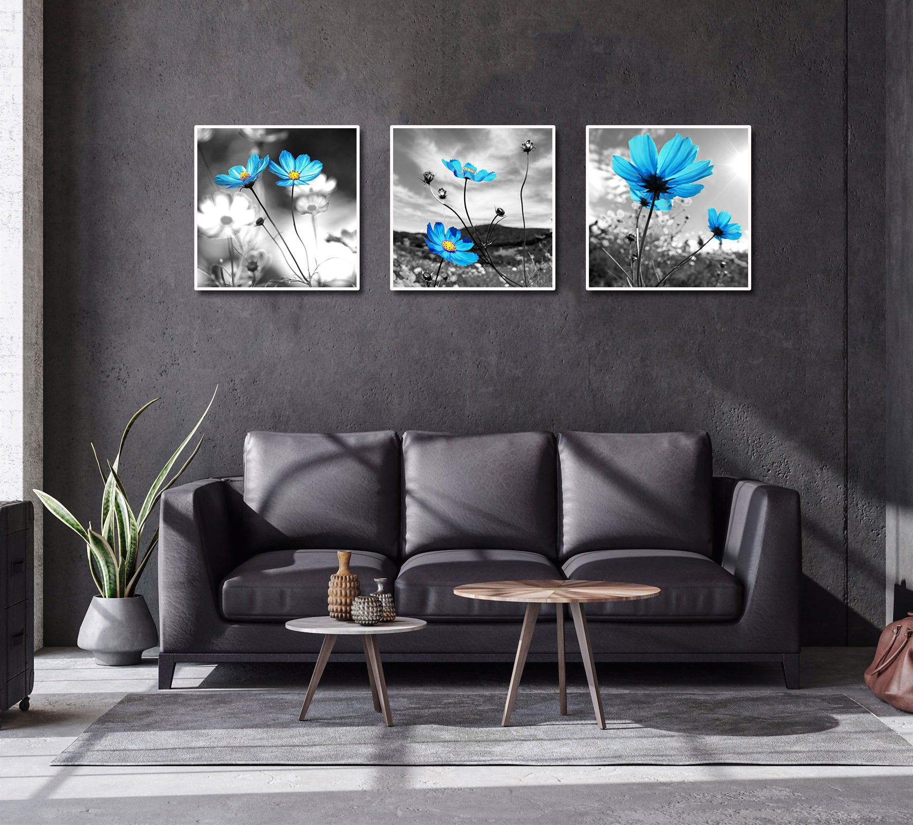 Modern Botanical Canvas Wall Art Print Poster | Home Decor | Stretched 3 Panels - Blue Flora