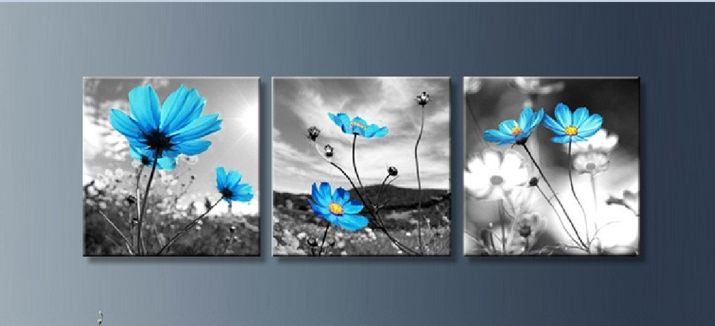 Modern Botanical Canvas Wall Art Print Poster | Home Decor | Stretched 3 Panels - Blue Flora