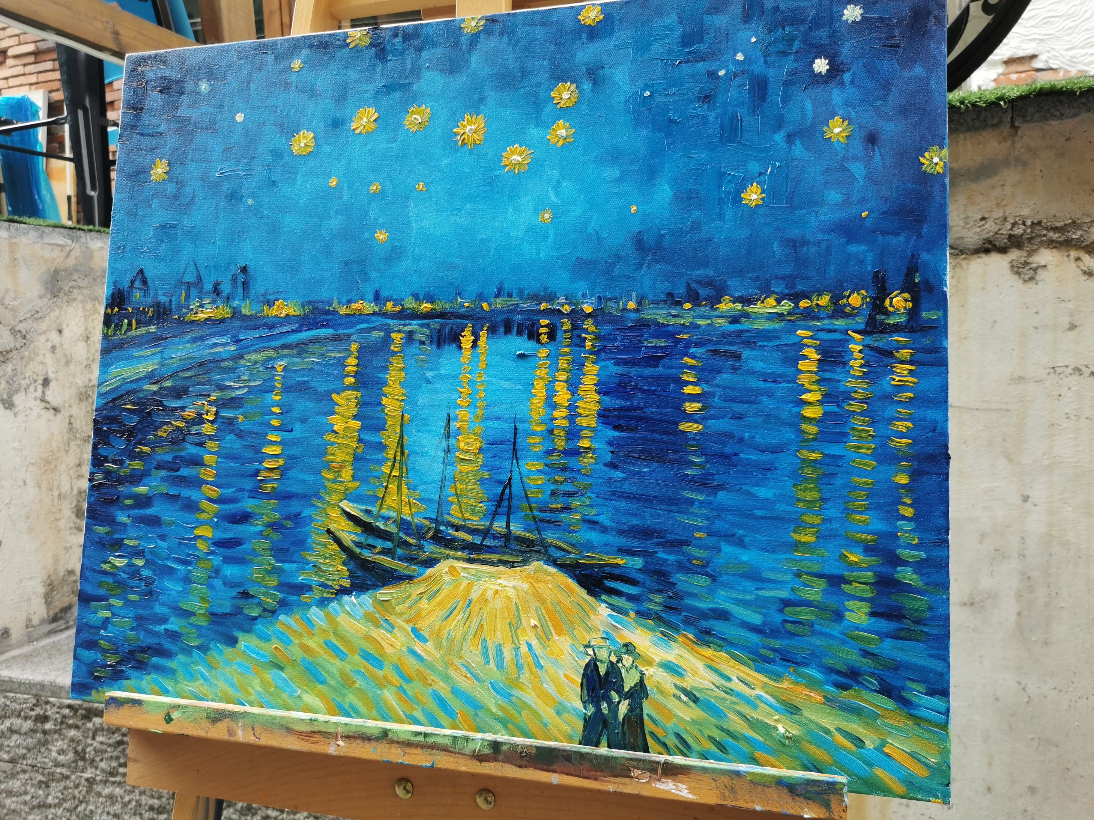 Pine Stretched  Framed 1 Panel - Oil Painting - Starry Night Over the Rhone (Van Gogh)