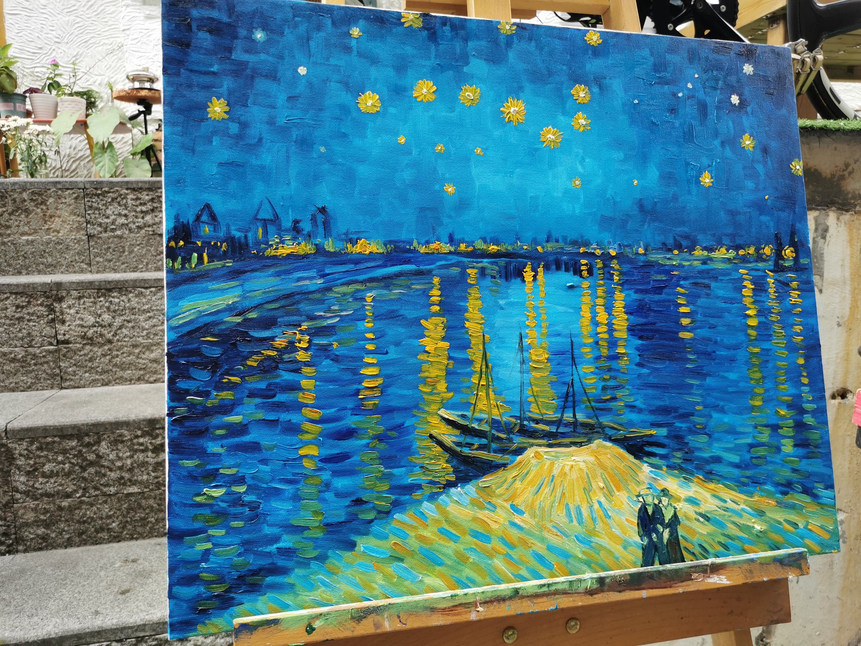 Framed 1 Panel - Oil Painting - Starry Night Over the Rhone (Van Gogh)