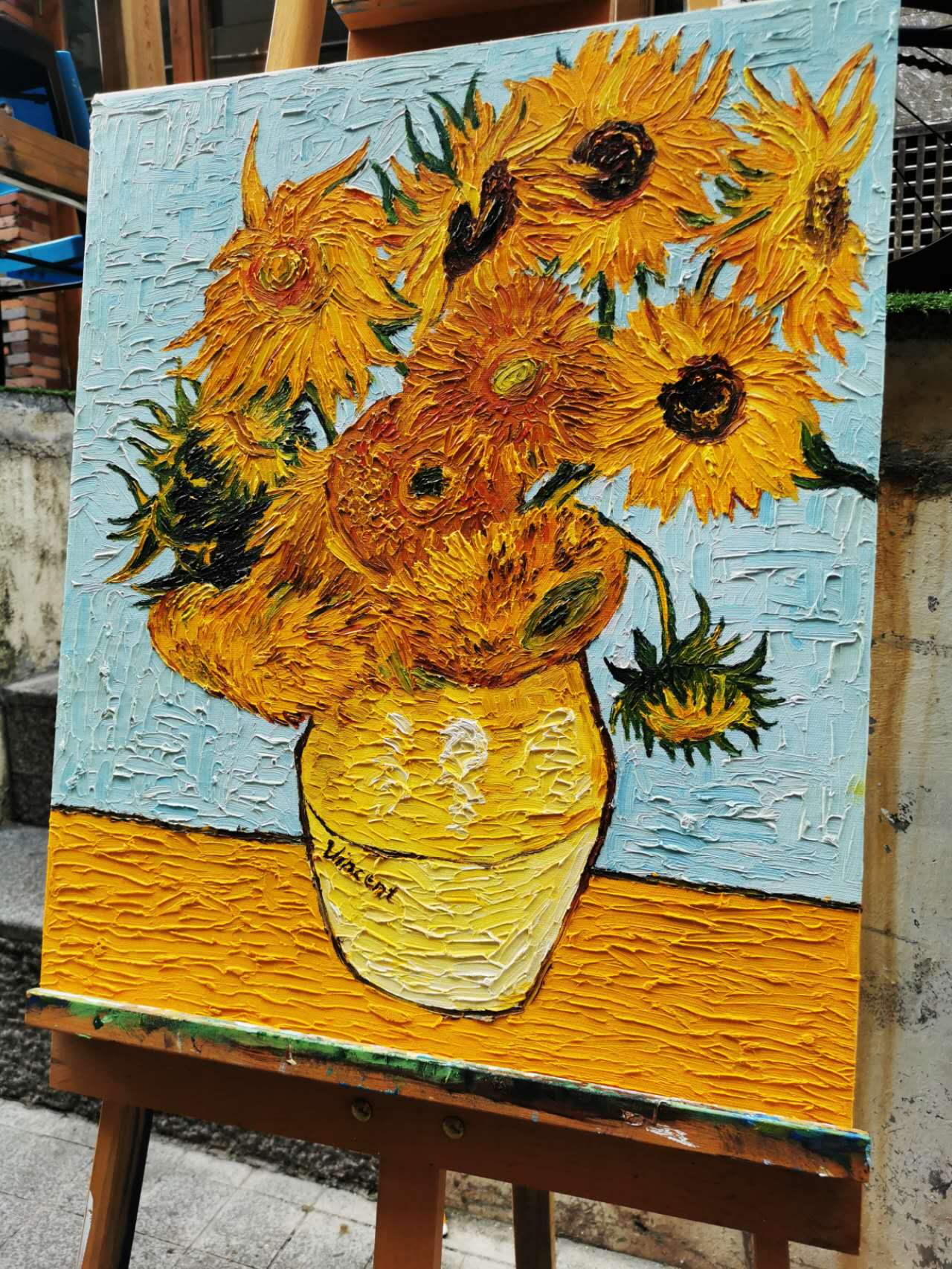 Pine Stretched  Framed 1 Panel - Oil Painting - Sunflowers (Van Gogh)