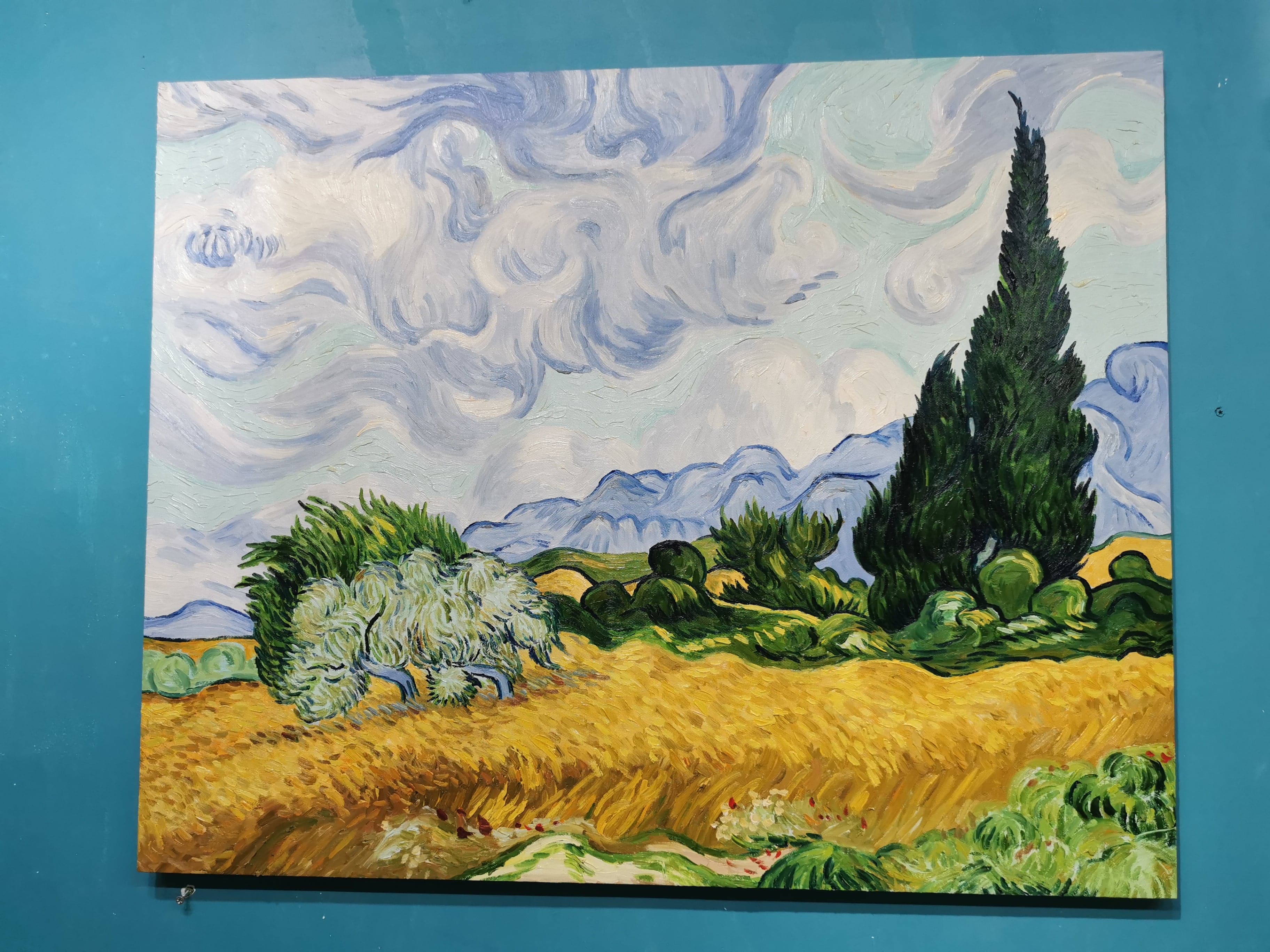 Pine Stretched  Framed 1 Panel - Oil Painting - Wheat Field With Cypress (Van Gogh)