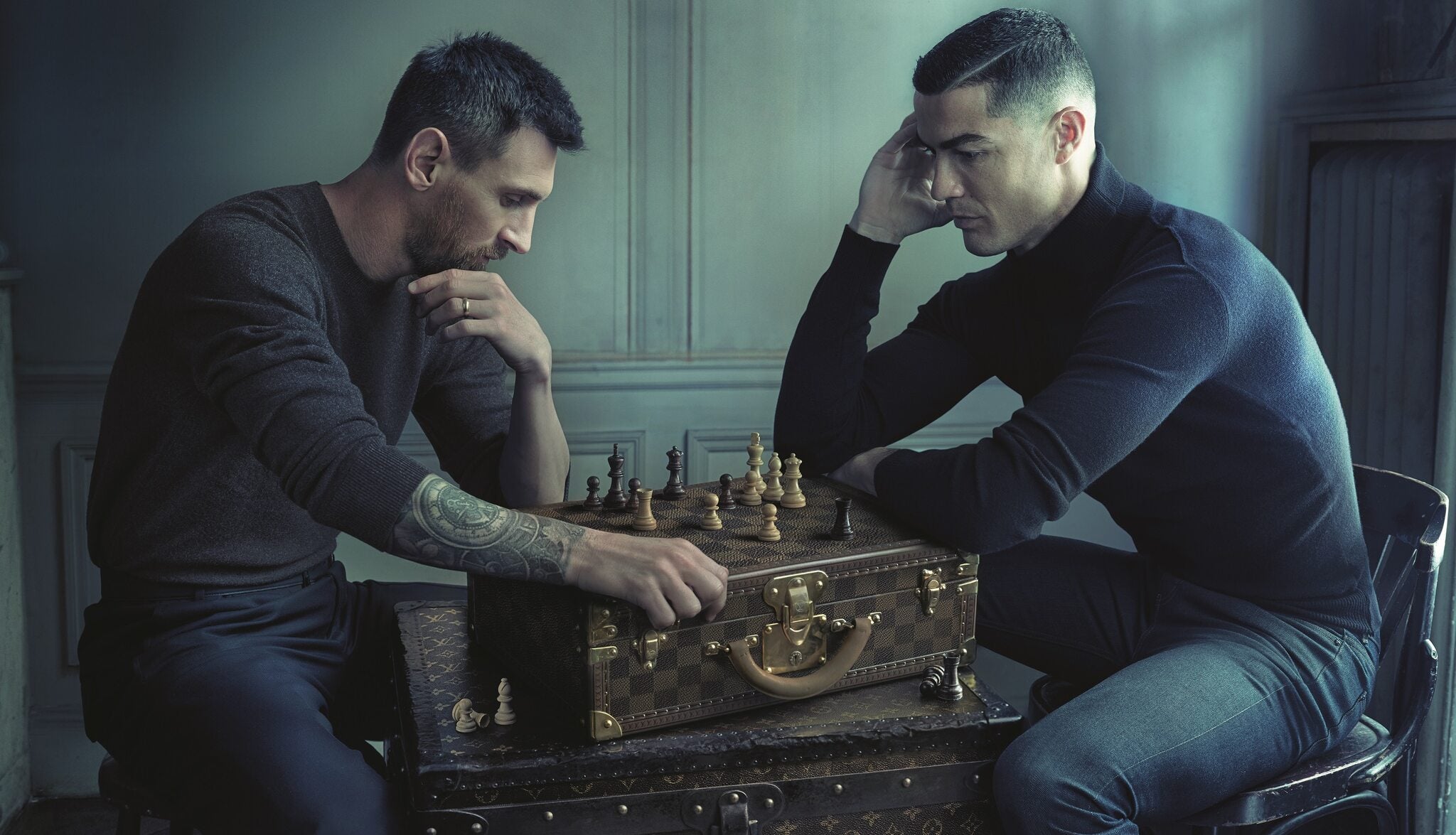 Pine Stretched  Framed 1 Panel - Messi & Ronaldo Chess