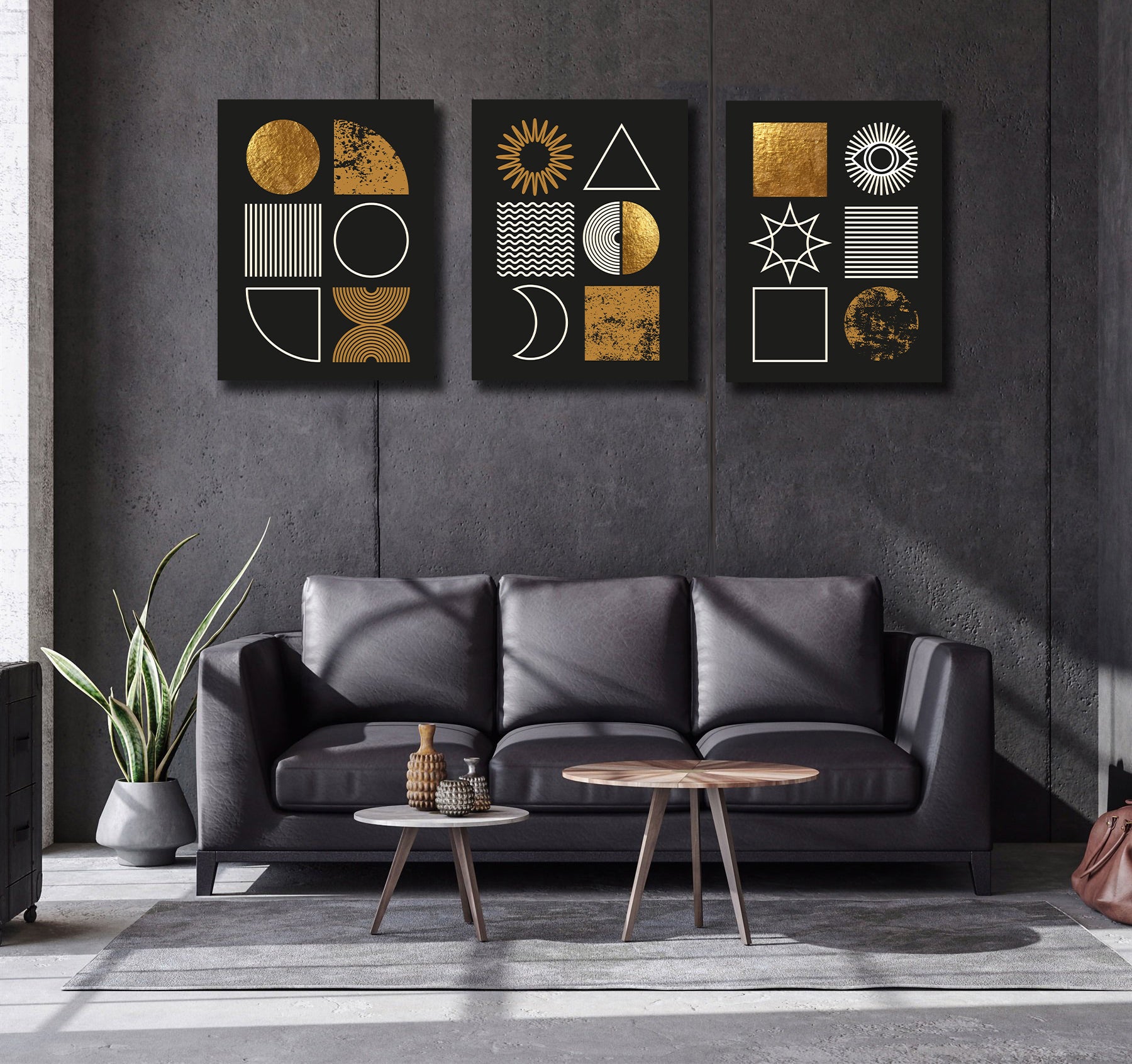 Pine Stretched  Framed 3 Panels - Set of Modern Minimalist Mid Century