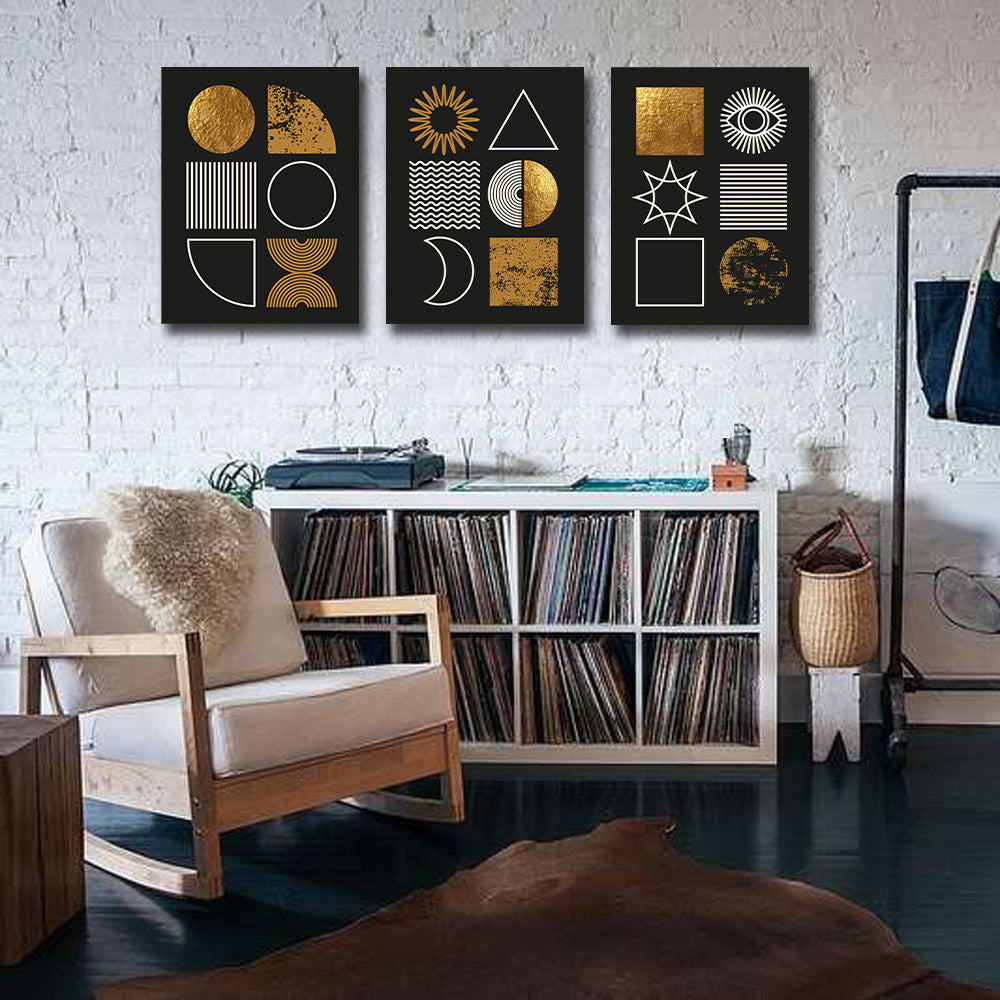 Pine Stretched  Framed 3 Panels - Set of Modern Minimalist Mid Century
