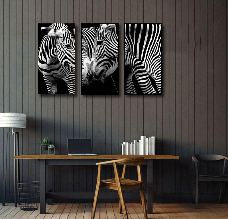 Pine Stretched  Framed 3 Panels - Zebras