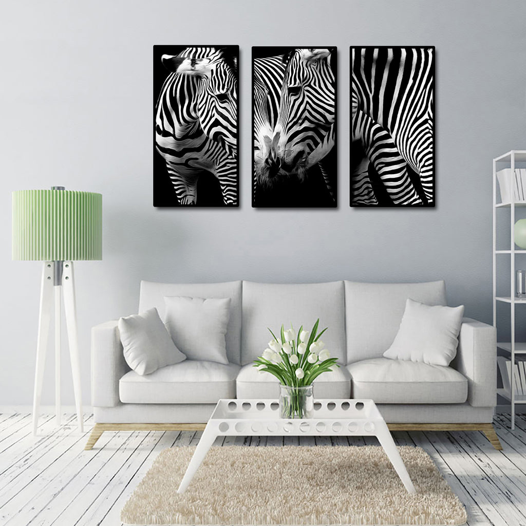 Pine Stretched  Framed 3 Panels - Zebras