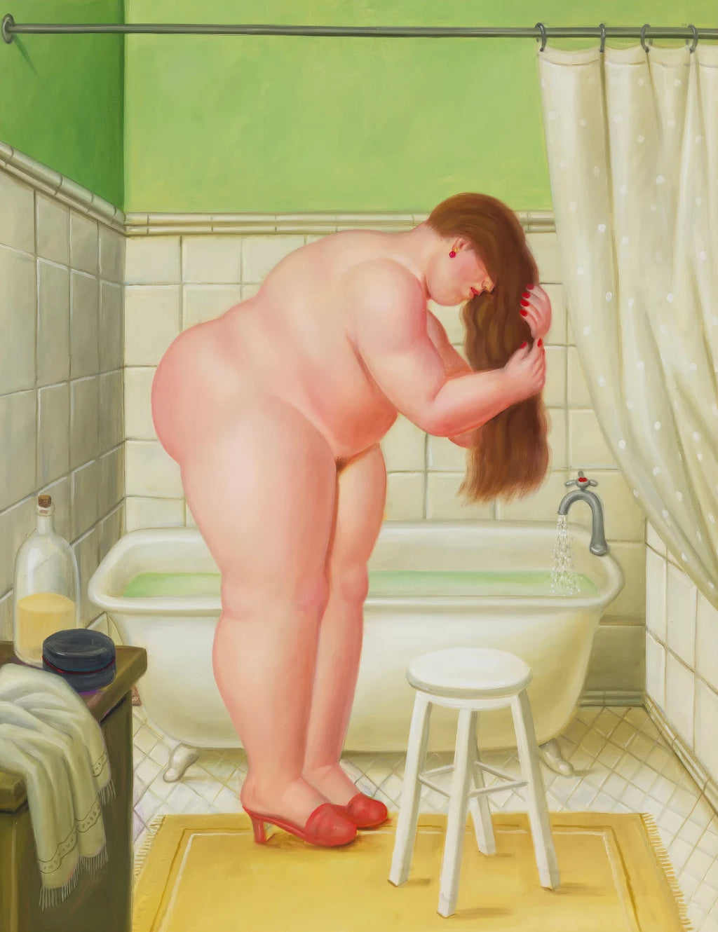 Pine Stretched  Framed 1 Panel - Hairdressing session in the bathroom by Fernando Botero