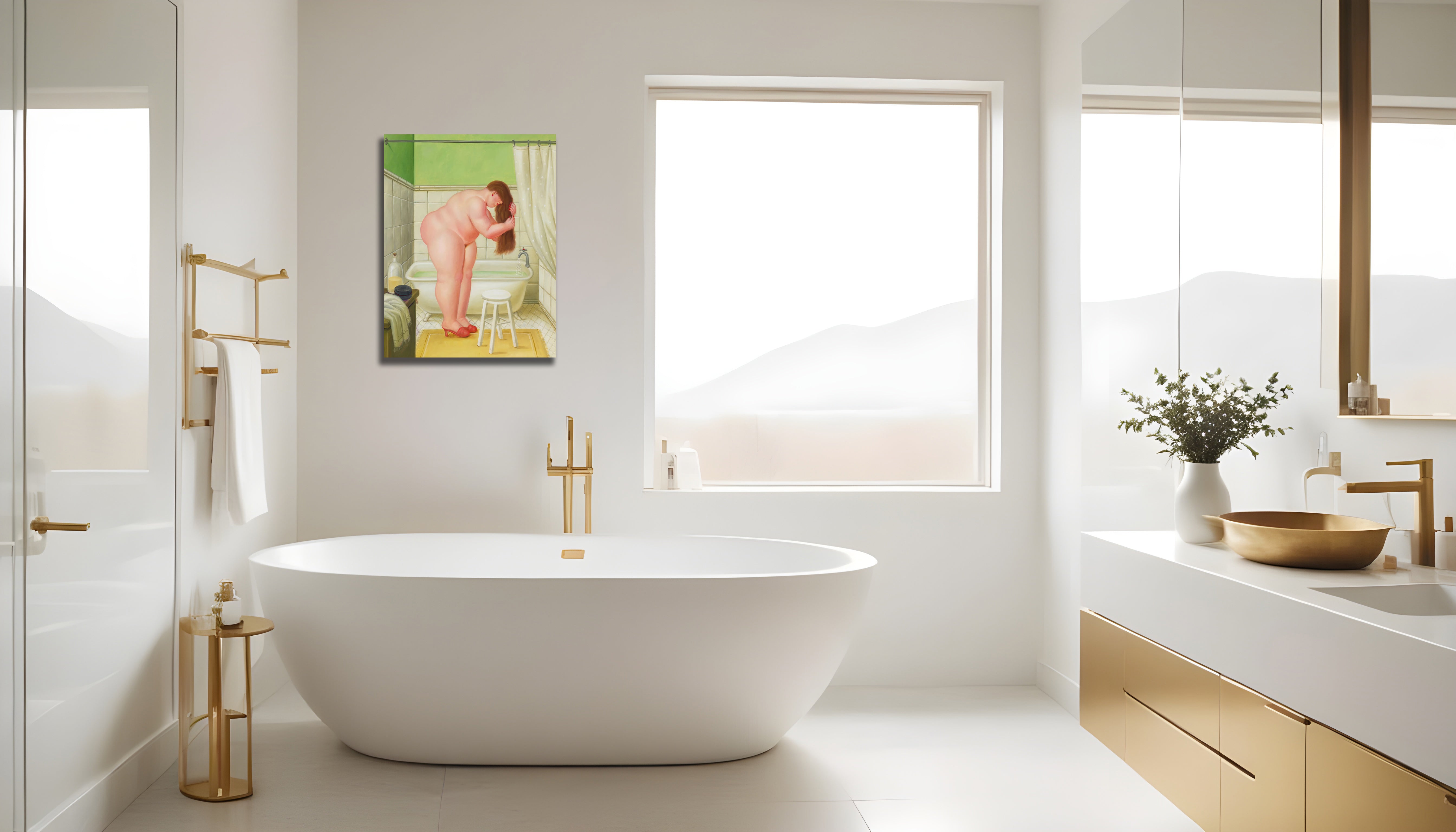 Pine Stretched  Framed 1 Panel - Hairdressing session in the bathroom by Fernando Botero