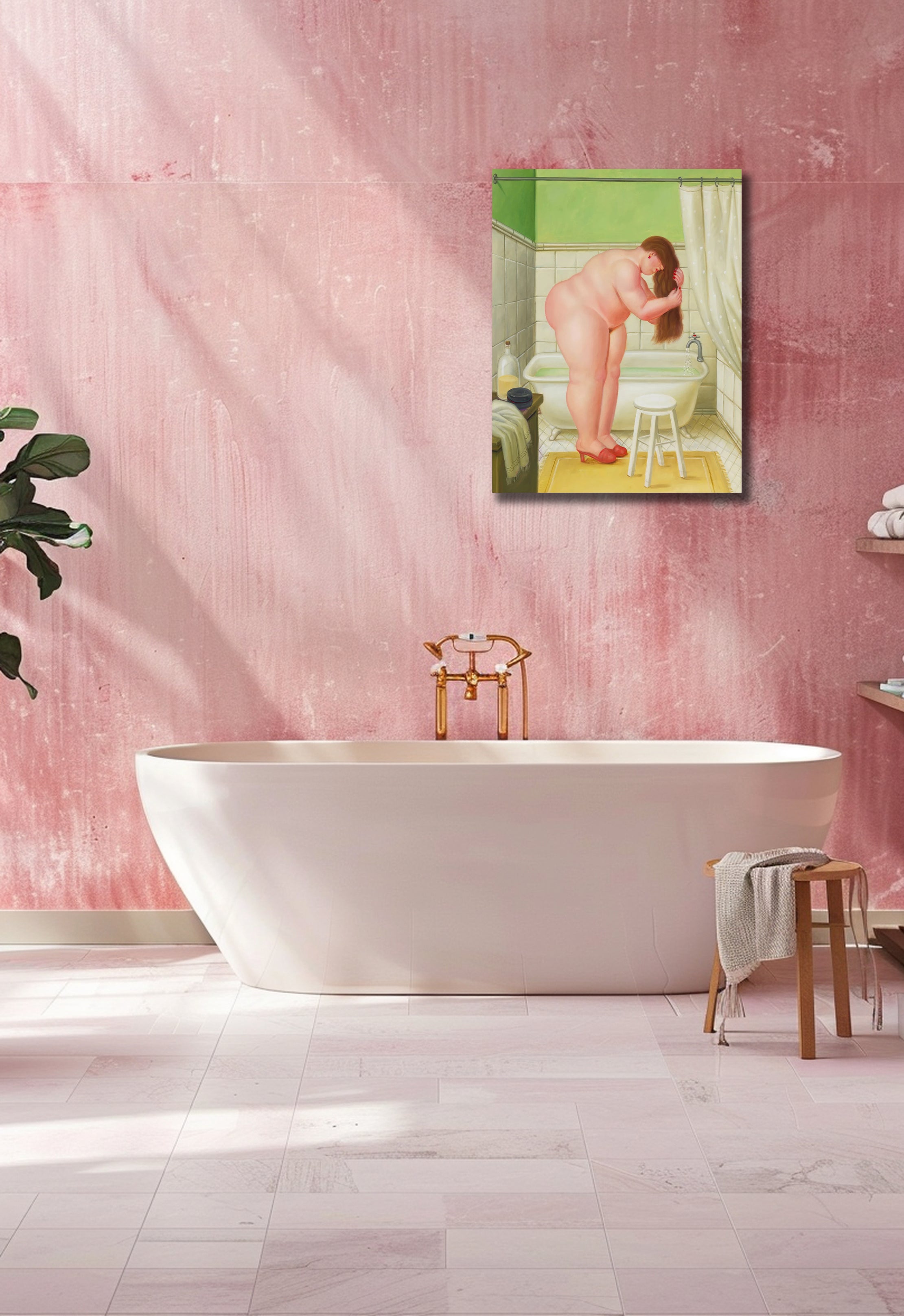 Pine Stretched  Framed 1 Panel - Hairdressing session in the bathroom by Fernando Botero