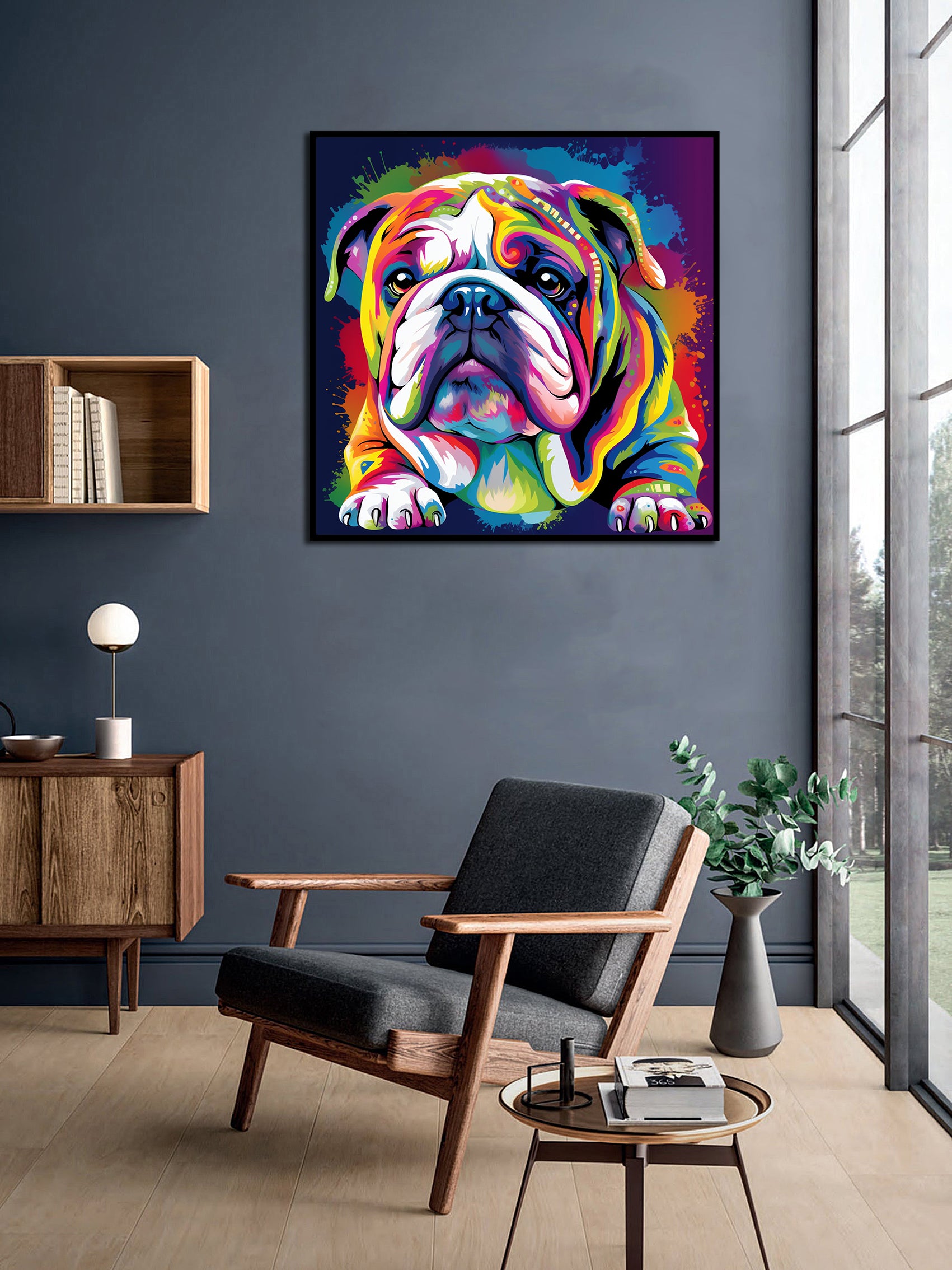 Pine Stretched  Framed 1 Panel - Colorful British Bulldog
