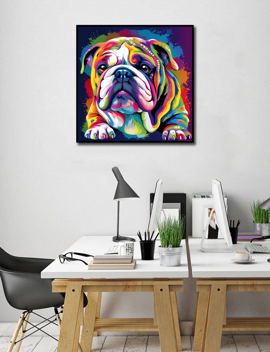 Pine Stretched  Framed 1 Panel - Colorful British Bulldog