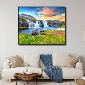 Pine Stretched  Framed 1 Panel - Kirkjufellsfoss Waterfall