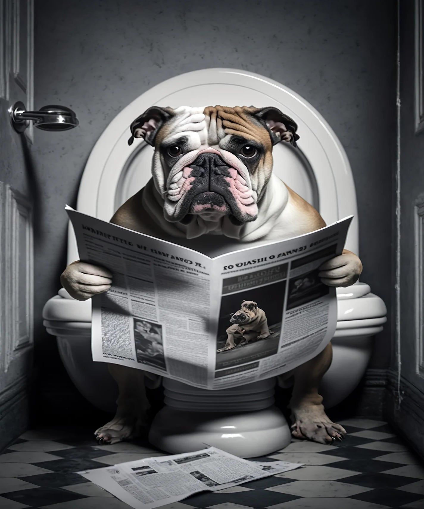 Pine Stretched  Framed 1 Panel - Bulldog in Bathroom