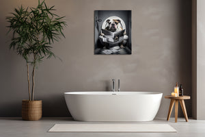 Pine Stretched  Framed 1 Panel - Bulldog in Bathroom