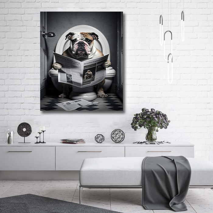 Pine Stretched  Framed 1 Panel - Bulldog in Bathroom