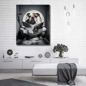 Pine Stretched  Framed 1 Panel - Bulldog in Bathroom