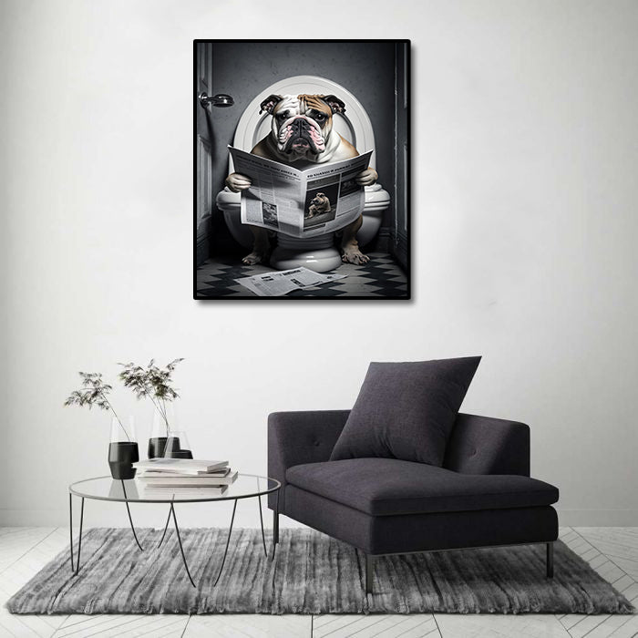 Pine Stretched  Framed 1 Panel - Bulldog in Bathroom