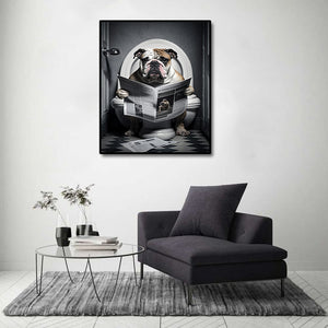 Pine Stretched  Framed 1 Panel - Bulldog in Bathroom