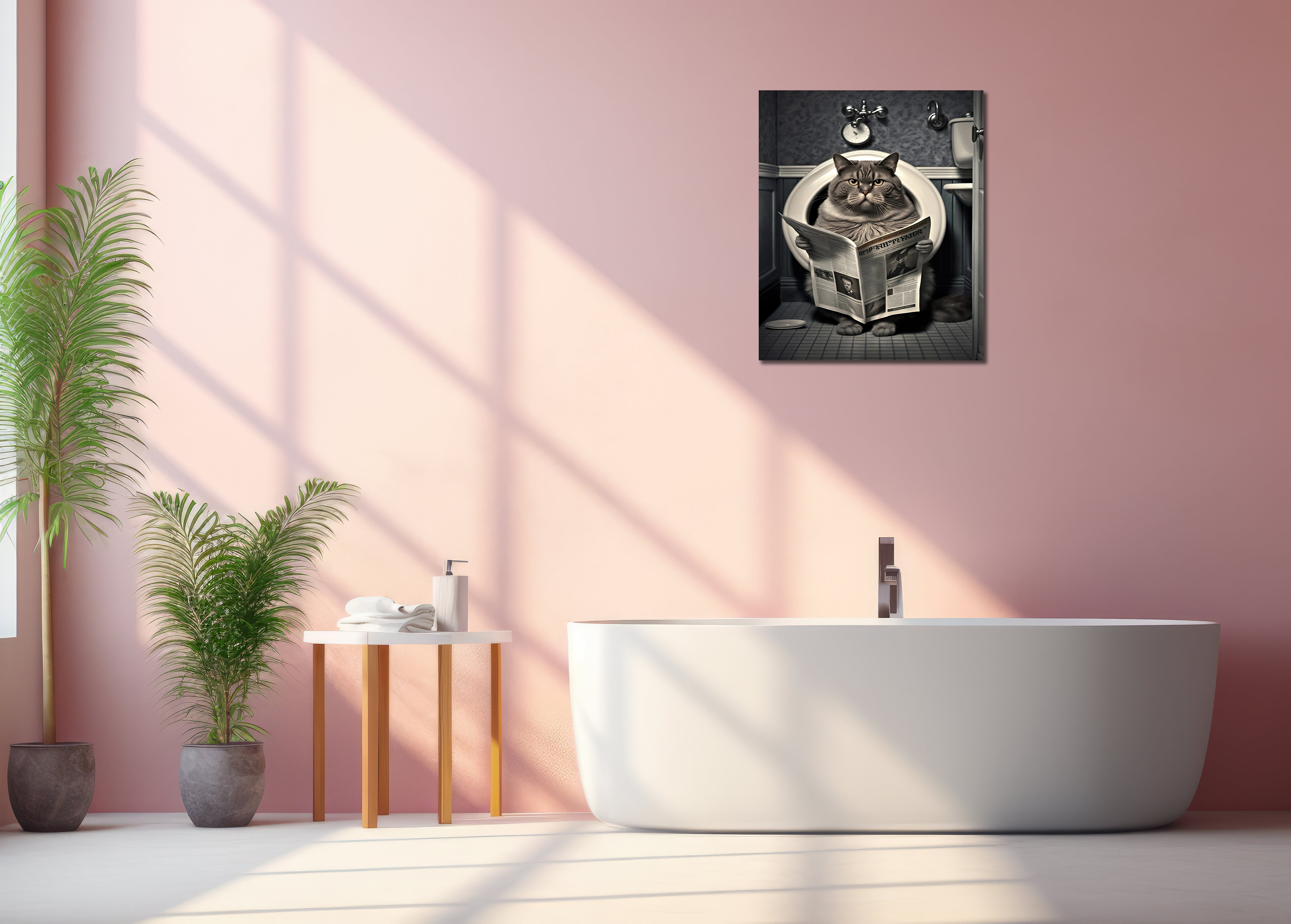 Pine Stretched  Framed 1 Panel - Cat in Bathroom