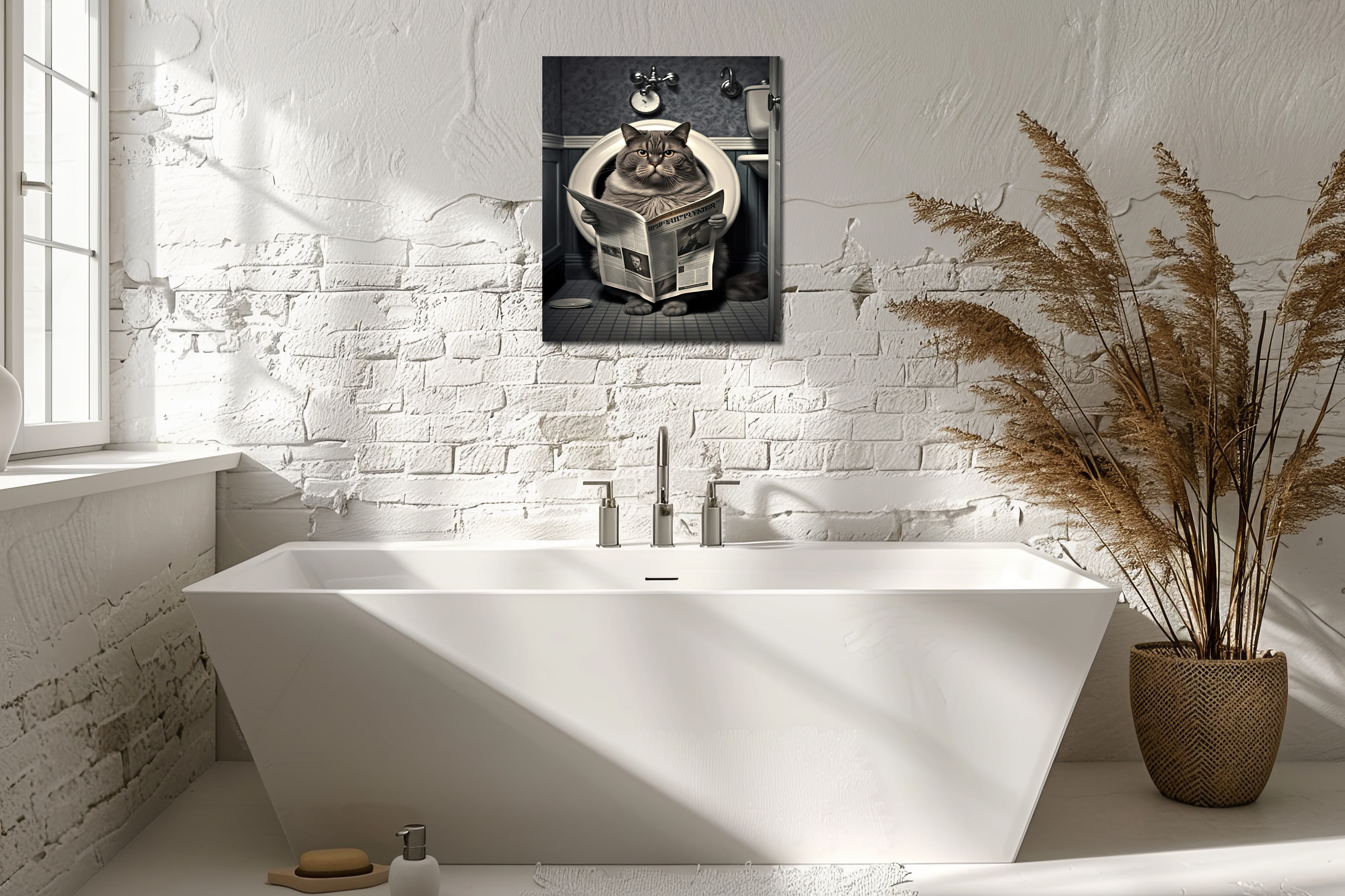 Pine Stretched  Framed 1 Panel - Cat in Bathroom