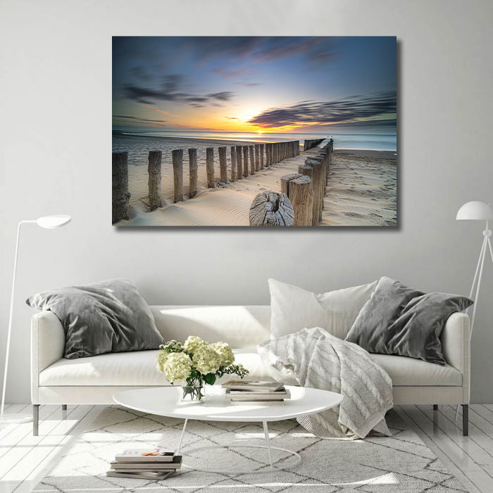 Pine Stretched  Framed 1 Panel - Sunset over the beach
