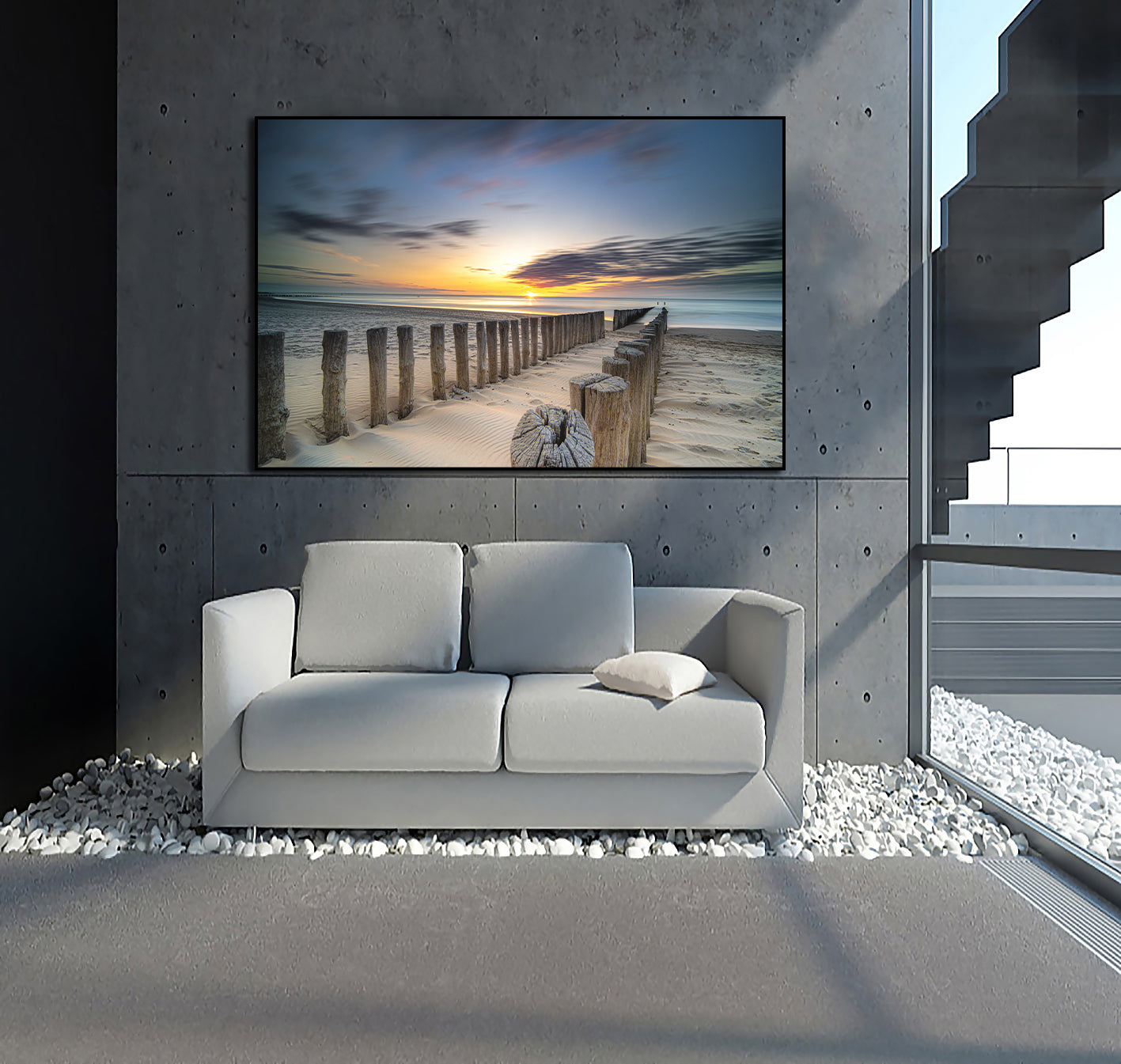 Pine Stretched  Framed 1 Panel - Sunset over the beach