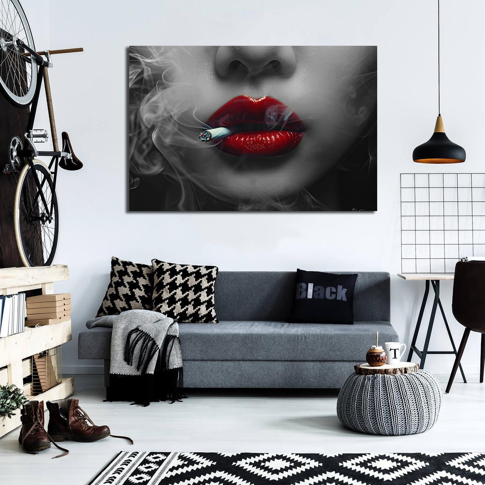 Modern Pop Art Canvas Wall Art Print Poster | Home Decor | Stretched 1 Panel - Smoking Lady