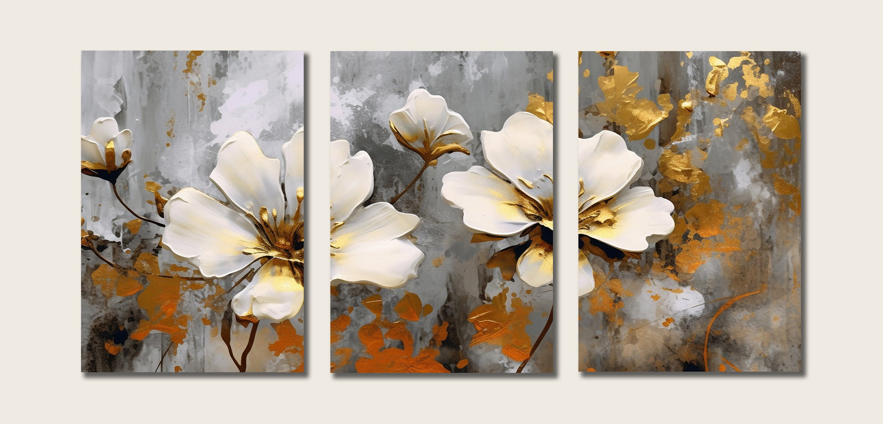 Modern Botanical Canvas Wall Art Print Poster | Home Decor | Stretched 3 Panels - Flowers Leaves Triptych