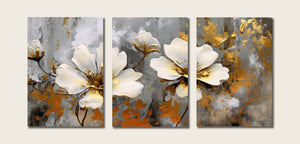 Modern Botanical Canvas Wall Art Print Poster | Home Decor | Stretched 3 Panels - Flowers Leaves Triptych