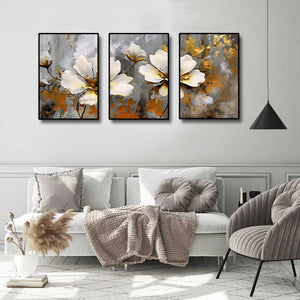 Modern Botanical Canvas Wall Art Print Poster | Home Decor | Stretched 3 Panels - Flowers Leaves Triptych