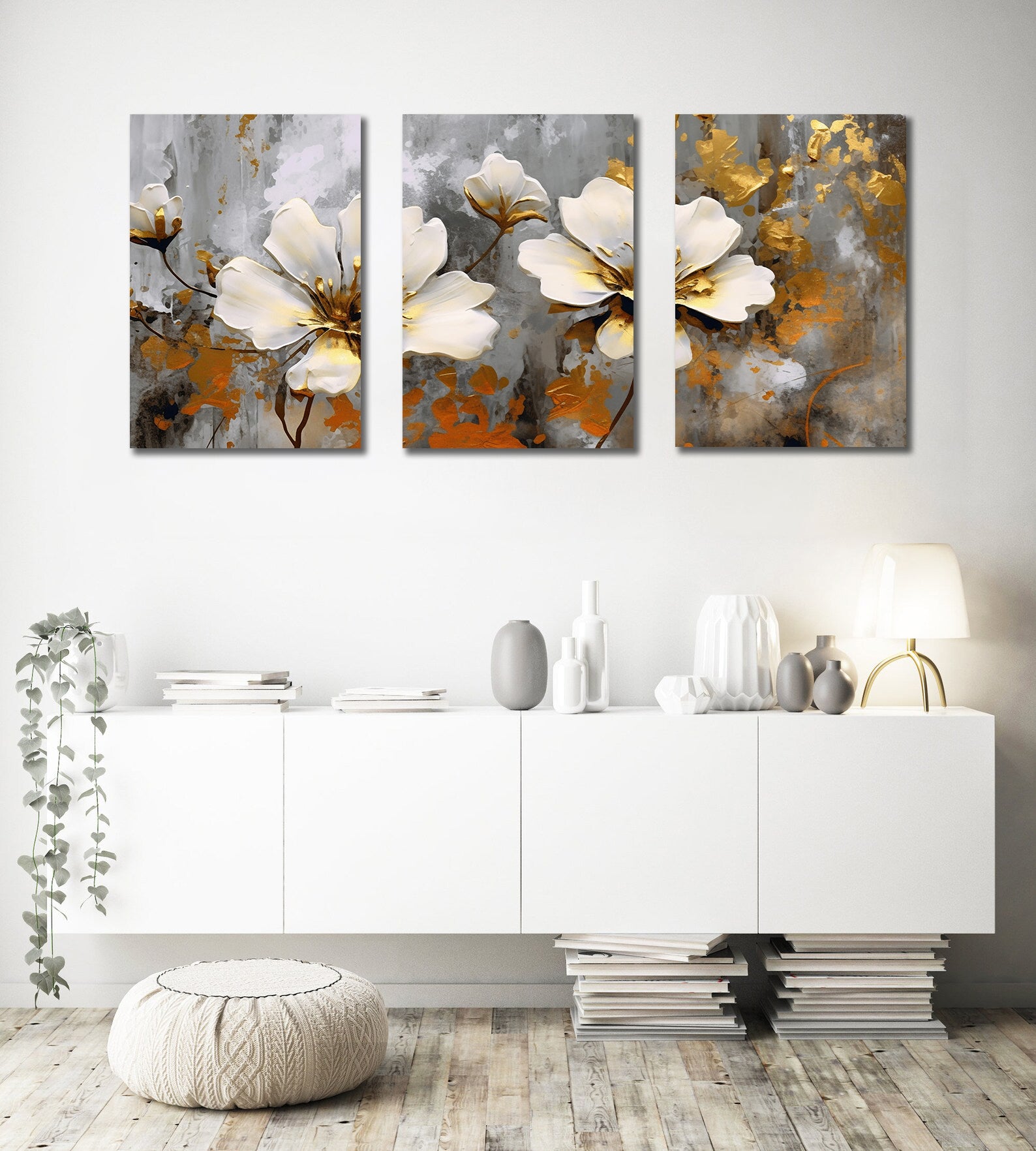Modern Botanical Canvas Wall Art Print Poster | Home Decor | Stretched 3 Panels - Flowers Leaves Triptych