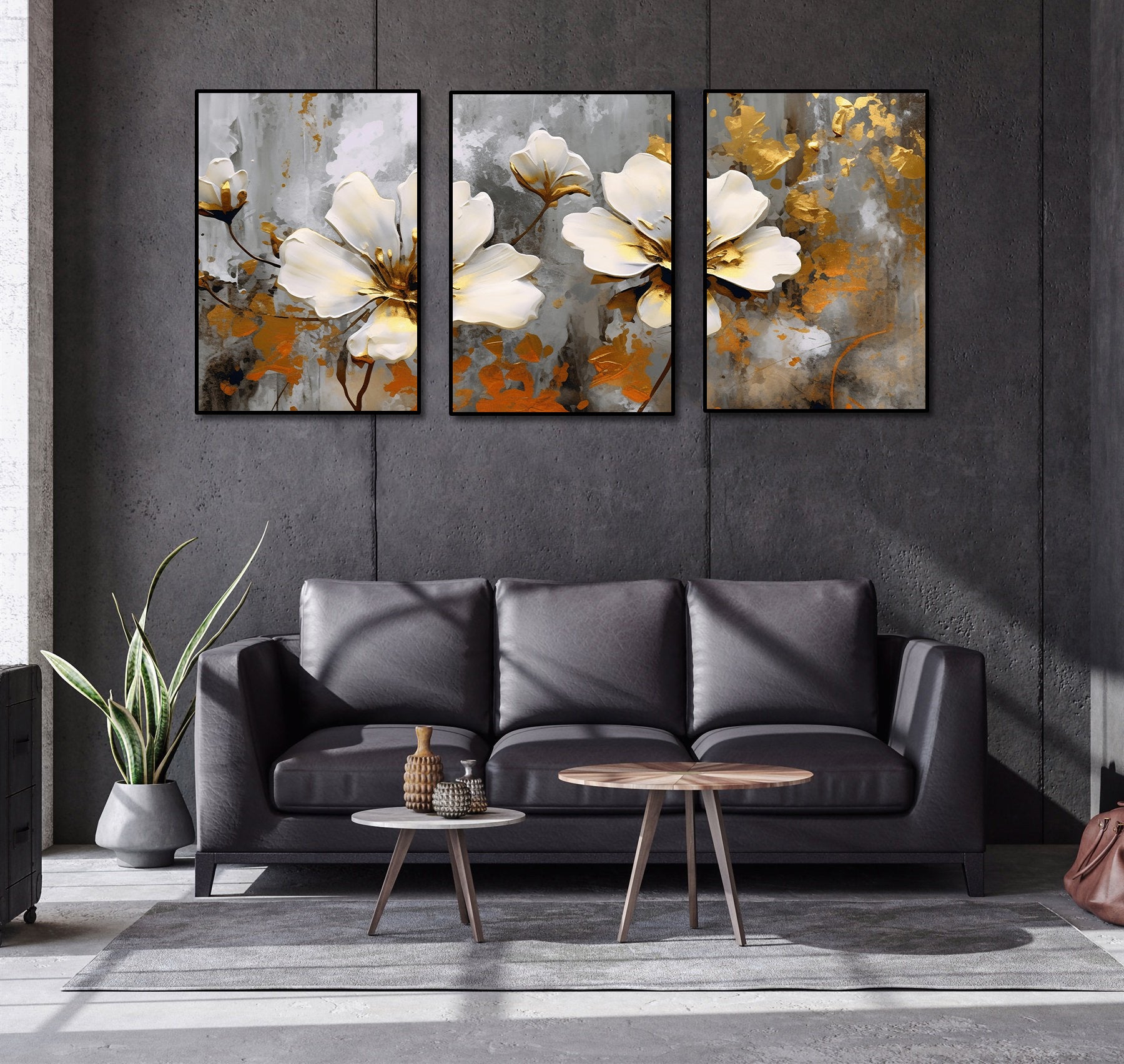 Modern Botanical Canvas Wall Art Print Poster | Home Decor | Stretched 3 Panels - Flowers Leaves Triptych