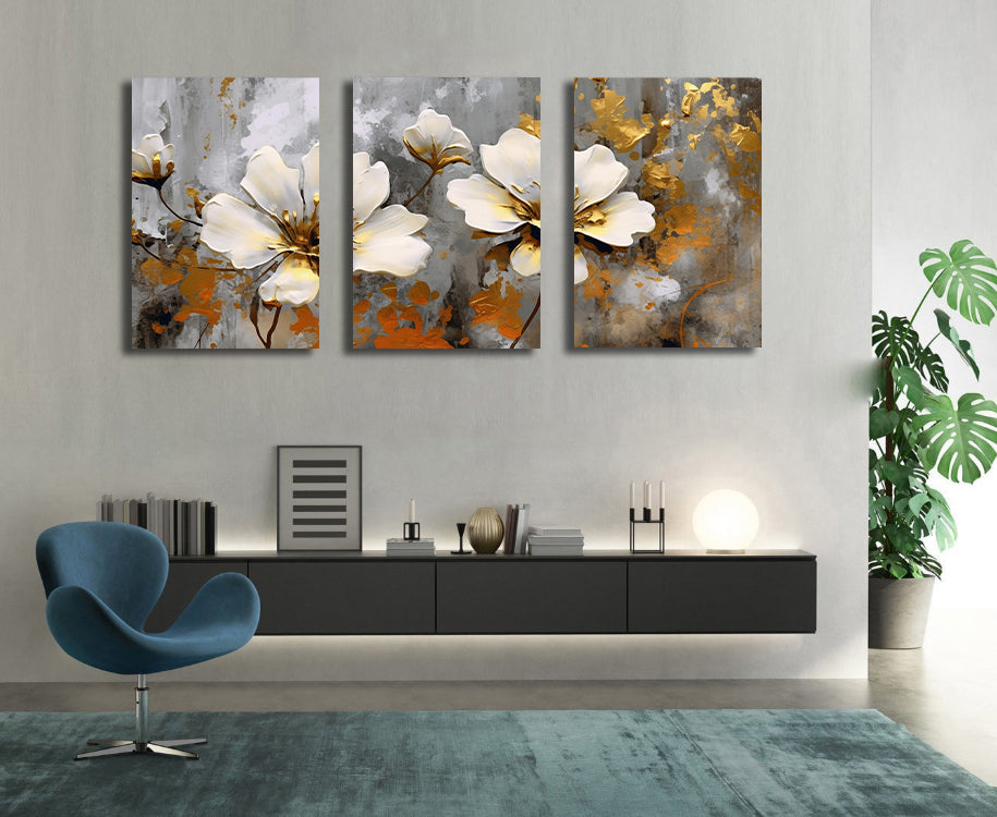 Modern Botanical Canvas Wall Art Print Poster | Home Decor | Stretched 3 Panels - Flowers Leaves Triptych