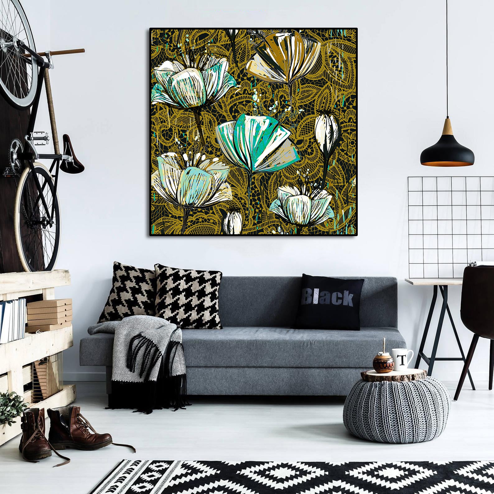 Pine Stretched  Framed 1 Panel -  Decorative Tulips, Seamless Vector Pattern.