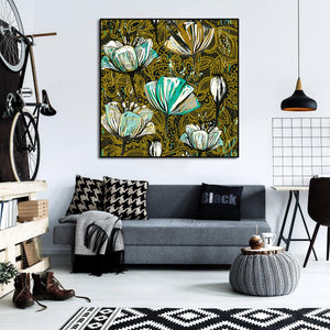 Pine Stretched  Framed 1 Panel -  Decorative Tulips, Seamless Vector Pattern.