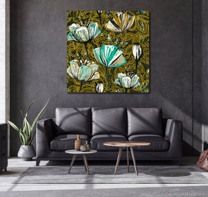 Pine Stretched  Framed 1 Panel -  Decorative Tulips, Seamless Vector Pattern.