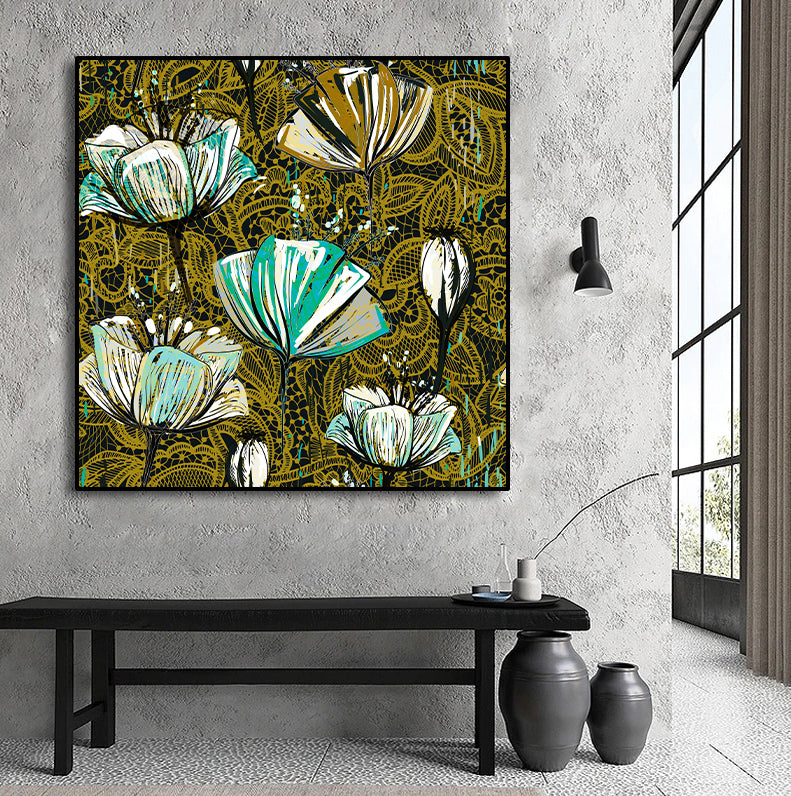 Pine Stretched  Framed 1 Panel -  Decorative Tulips, Seamless Vector Pattern.